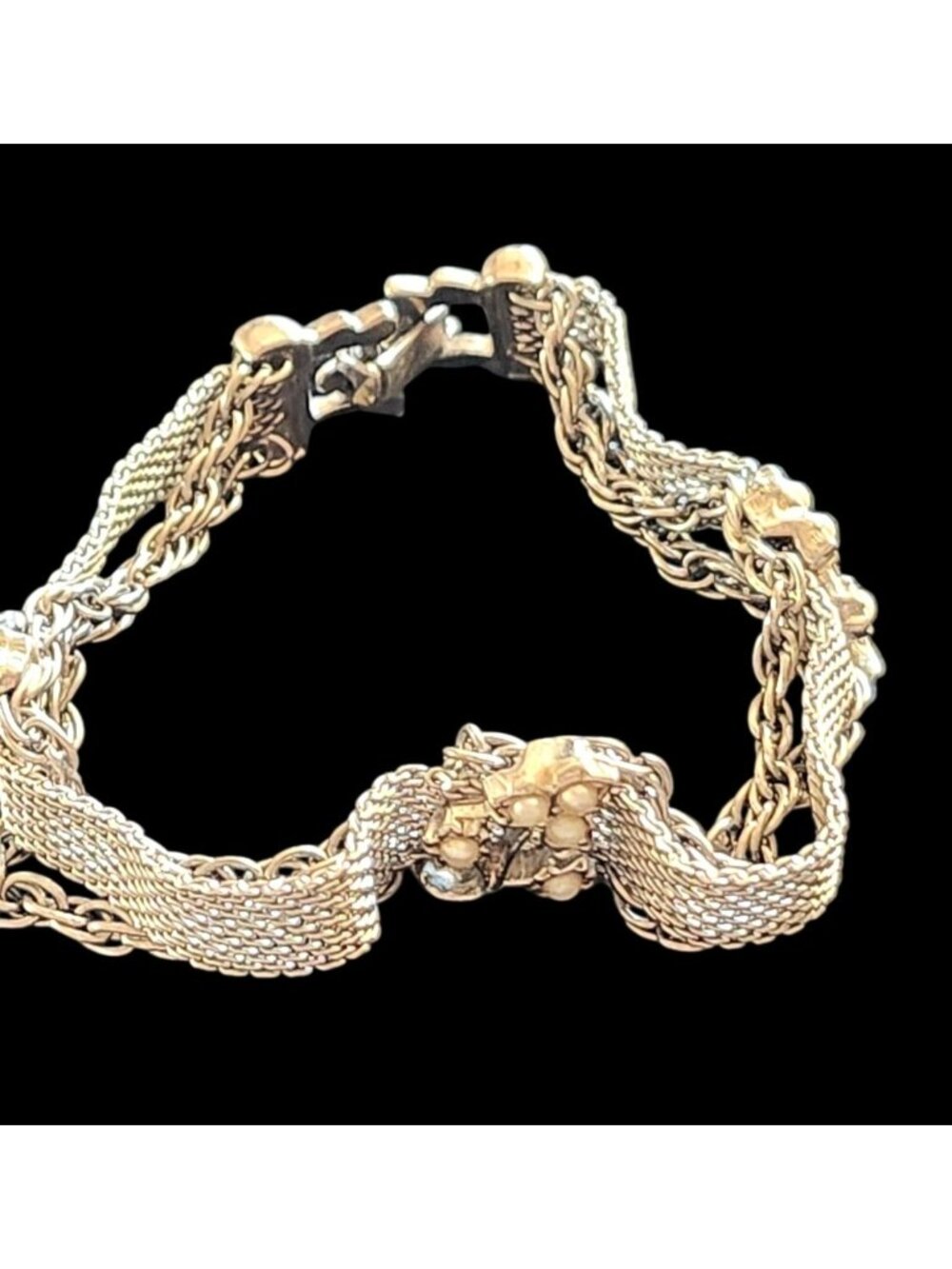 Vintage Goldette Silver Tone Mesh Bracelet Double Link Chains & Faux Pearl Flowe